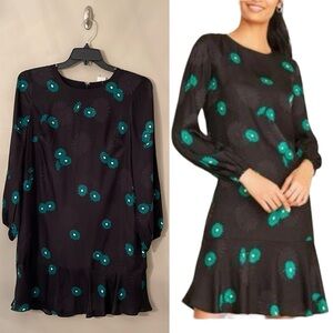 NEW ANN TAYLOR BLACK GREEN PETITE DAISY FLORAL FLOUNCE SHIFT DRESS SIZE 10